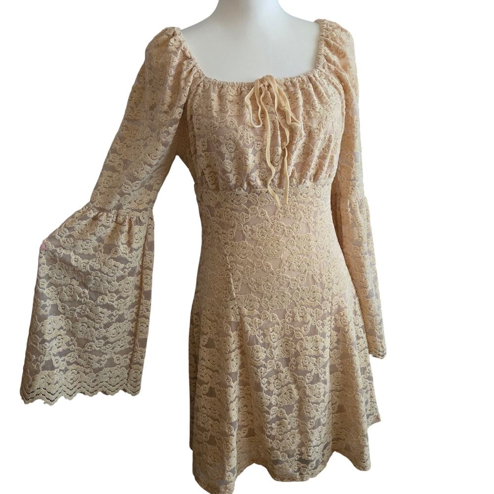 Coquette Romantic Velvet Lace Overlay Flare Sleeve Babydoll Dress S Cream NWT